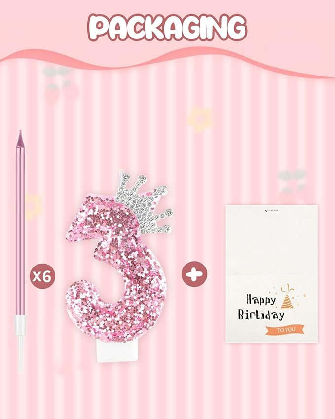 Birthday Candles for Cake, Pink Number Candles, Cake Candles with Greeting Card for Birthday Party Wedding Anniversary Celebrations (3 Candle, Silver Crown)