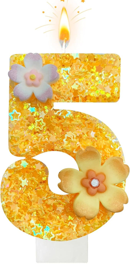 Yellow Birthday Candle, Flower Number Birthday Candles for Cake, Ideal Birthday Parties Cake Decor, Wedding Anniversary and Other Celebrations (5 Candle, Yellow)