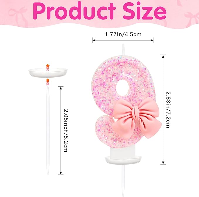 Number 9 Birthday Candle, Pink Bow Birthday Candles, Glitter Candle Cake Topper, Happy Birthday Cake Decoration Gifts, Anniversary Party Supplies for Girl
