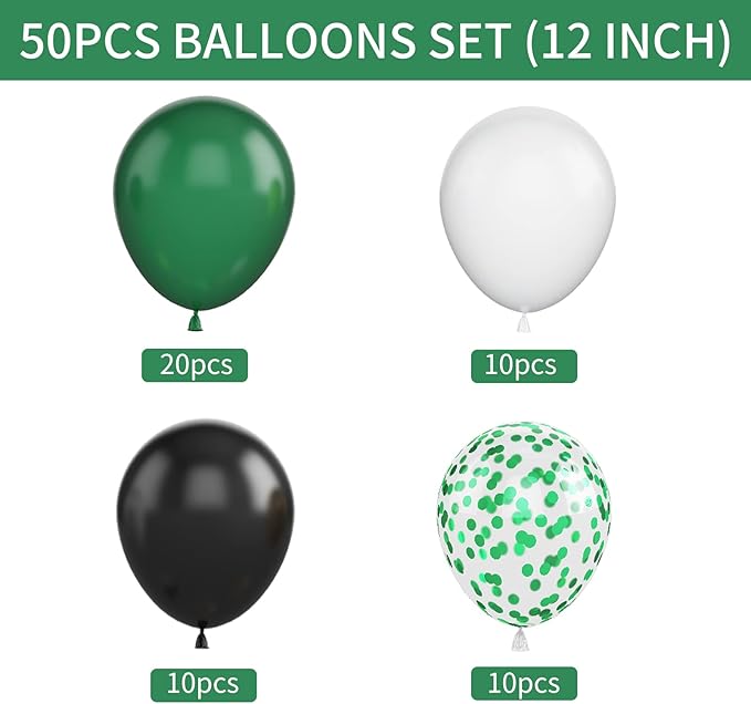 Green and Black Balloons, 50Pcs 12 Inch Green White Black Birthday Balloons, Green Confetti Balloons white Latex Balloons for Video Game Football Theme Party Baby Shower Supplies