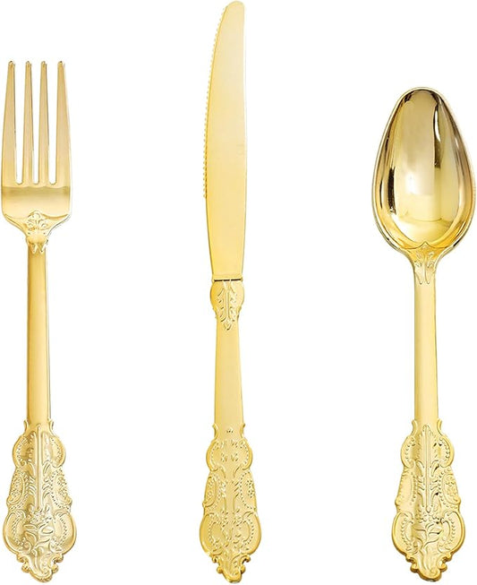Supernal 360pcs Gold Plastic Silverware Set with Embossed Handles - Vintage Baroque Heavy Duty Disposable Cutlery (120 Forks, 120 Spoons, 120 Knives) | Elegant Gold Utensils for Wedding & Party