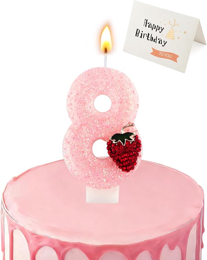 Birthday Candles for Cake, Pink Number Candles, Cake Candles with Greeting Card for Birthday Party Wedding Anniversary Celebrations (Strawberry 8 Candle)