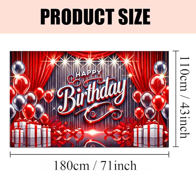 71x43 Inch Birthday Party Banner with Red and Silver Balloons Gift Boxes Curtains Stage Backdrop Indoor Outdoor Wall Door Porch Decoration Celebration Photo Prop