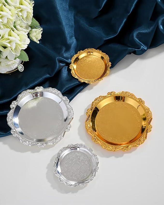 Round Decorative Tray 3.9in Metal Dessert Plates Vintage Coffee Table Tray for Snacks Fruit Silver