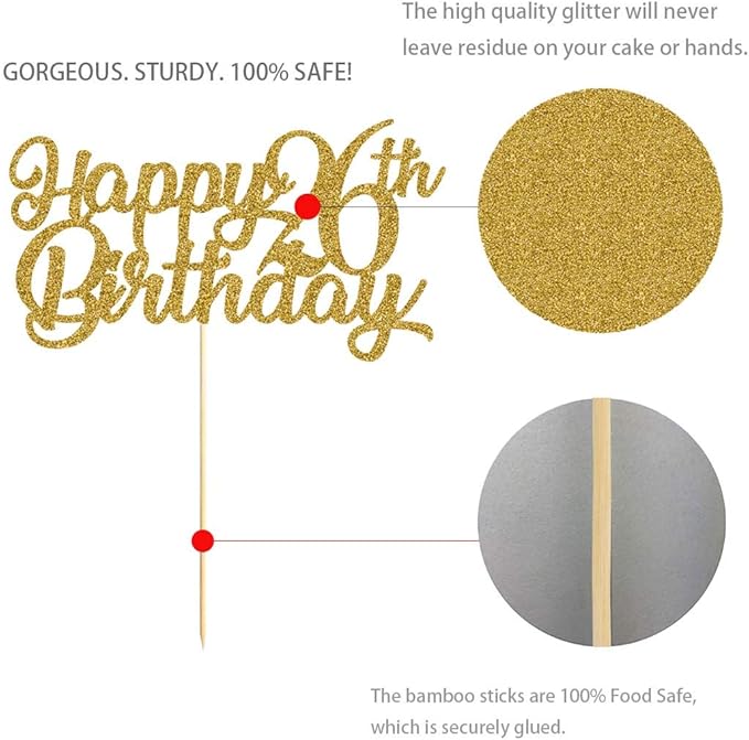 26th Birthday Cake Topper, Gold Glitter Cheers To 26 Years Party Decoration, Supply