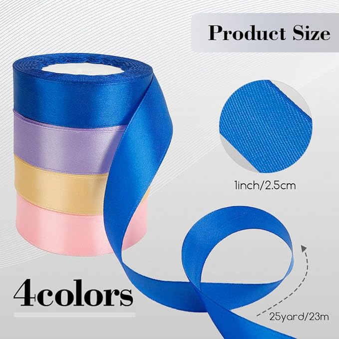 Multicolor Ribbon Set - 4 Rolls, 1 Inch x 23m, Gold, Blue, Purple, Satin, 4th of July, Graduation, Navy Blue, Light Pink, Gift Wrapping