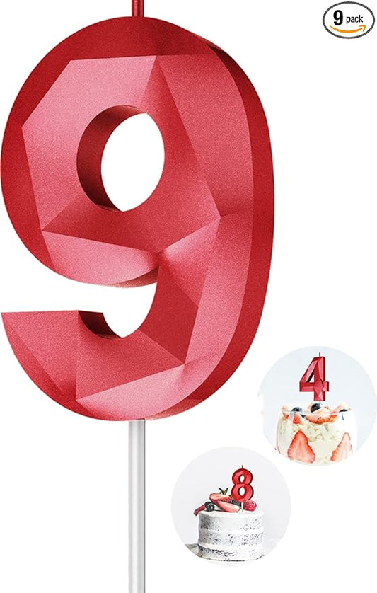 Number Birthday Candles(9 Candle Red) 3D Diamond Shape Number Happy Birthday Cake Candles for Birthday Party Wedding Decoration Reunions Theme Party
