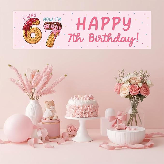 Andaz Press 13x48 Inch 6 7 Birthday Banner Decorations, I Was 6 Now I'm 7 Birthday Banner Ice Cream Theme Design 67 Happy Birthday Party Banner for Boys or Girls, Home or Party Decor Backdrop Sign