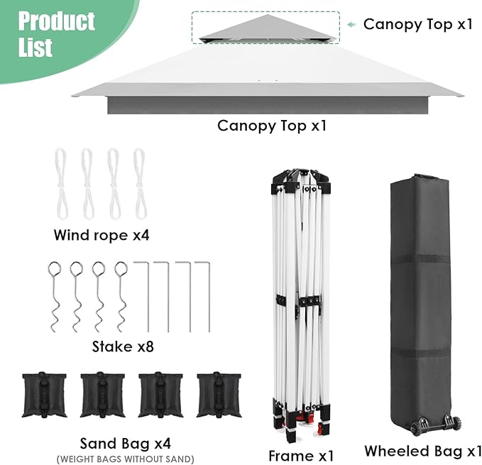 Arlopu Pop Up Canopy Tent with 1-Person Set up, Camping Instant Durable Shelter, Outdoor Gazebo Beach Shade with Wheeled Bag, 4 Sand Bags for Weight (Grey, 12FTX12FT)