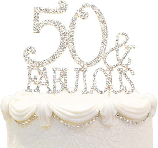 50 & Fabulous Cake Topper 50 Years Birthday Or 50th Wedding Anniversary Gold Crystal Rhinestone Party Decoration