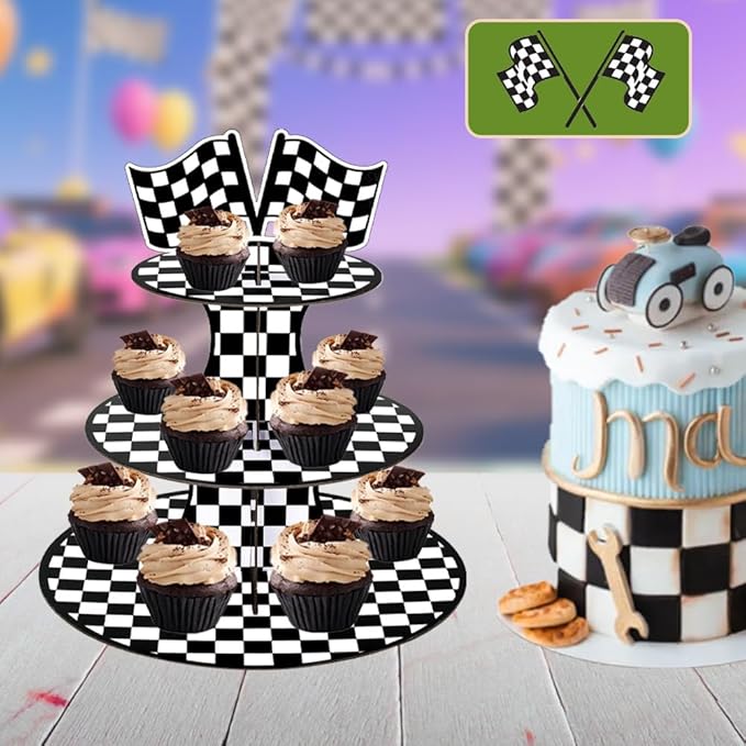 MRPAPA Carboard Cupcake Stands, Set of 2 Tiered Dessert Tray Purple, 3 Tier Paper Race Theme Cupcake Tower Holder for 24 Cupcakes Perfect for Birthday Baby Shower Party Supplies (Race)