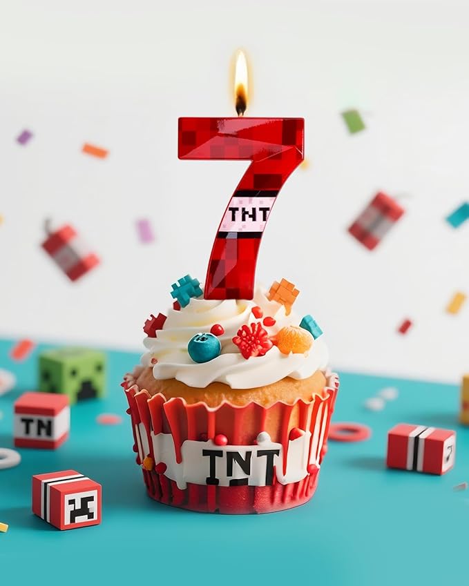 Number 7 Red Pixel Birthday Candle, TNT Themed Birthday Candles for Cake, 2.72 Inch Green Miner Number Candles, Game Themed Candle Birthday Decoration, Red Birthday Cake Topper for Boys Girls Party