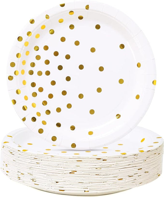 White and Gold Paper Plates 100PCS,7inch Gold Dots Dessert Plates,Disposable Party Supplies for Birthday,Wedding,Bridal Showers,Christmas,Anniversaries,All Occasions