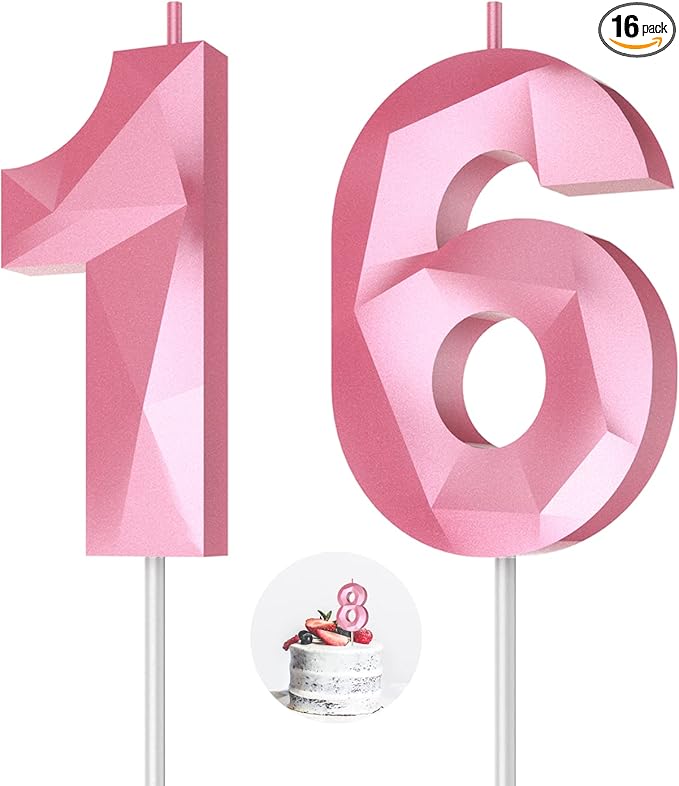 Number Birthday Candles(16 Candle Pink) 3D Diamond Shape 16th Happy Birthday Cake Topper Decorations for Girl Women Birthday Wedding Anniversary Celebration Theme Party Supplies