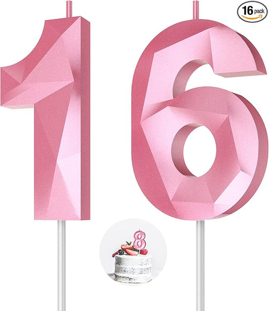 Number Birthday Candles(16 Candle Pink) 3D Diamond Shape 16th Happy Birthday Cake Topper Decorations for Girl Women Birthday Wedding Anniversary Celebration Theme Party Supplies