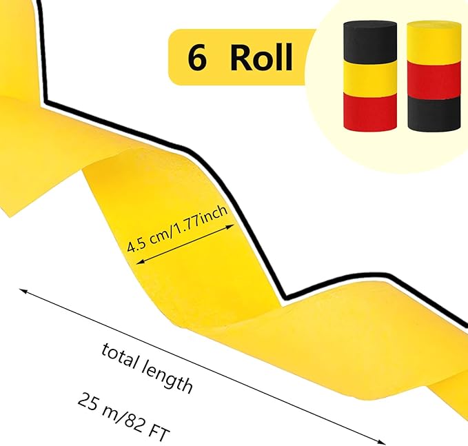 Red Black Yellow Crepe Paper Streamers, Party Streamers for Sports Events,Birthday Party,Graduation Decorations, 6 Rolls（82 Feet Long x 1.77 Inch）