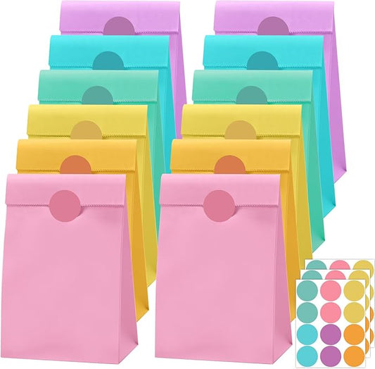 Nezyo 30 Pcs Pastel Gingham Paper Gift Bags with Stickers for Party 5.1 x 3.1 x 9.4 Inches Colorful Rainbow Paper Candy Bag for Party Favor Wedding Birthday Candy Snack DIY Goodie Treat (Macaron Color)