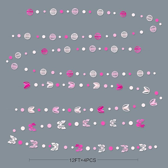 Spring Party Decorations Hot Pink White 3D Butterfly Tulip Flower Leaf Circle Dot Garland Hanging Paper Streamer for Pink Spring Summer Wedding Engagement Bridal Shower Birthday Tea Party Supplies