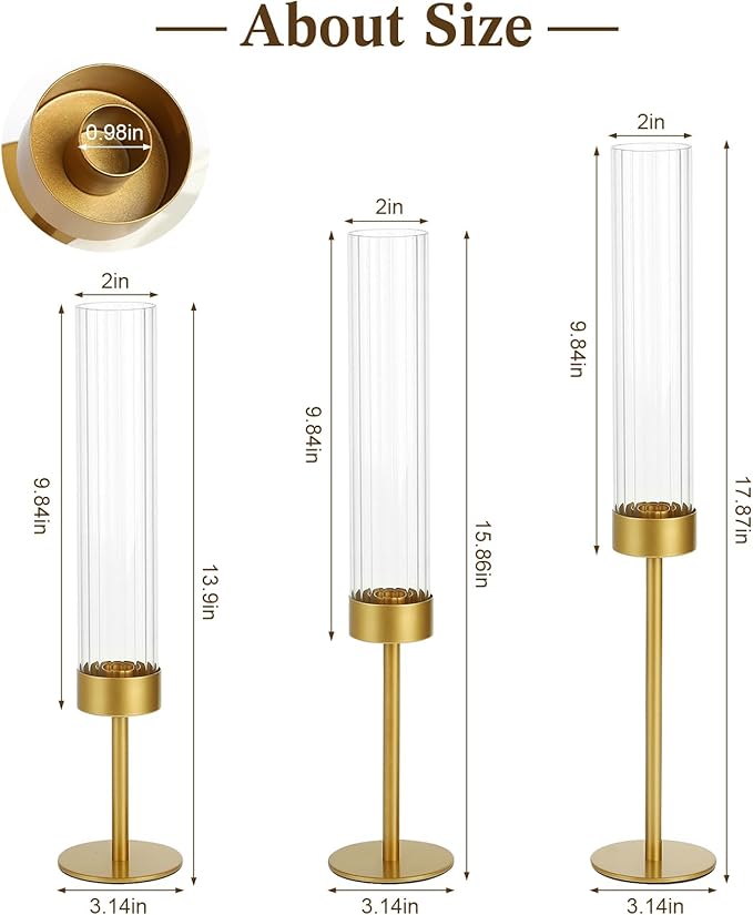 Glass Hurricane Candle Holders Set of 3-Gold Metal Base Taper Candle Stick Holders for CandlesticksHolder Decor, Elegant Dining Table Centerpiece for Wedding, Christmas & Home Decor-Ribbed Glass