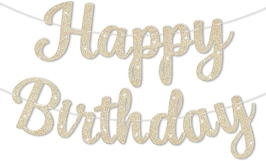 Glitter Happy Birthday Banner Sign, DIY Birthday Party Banner Sign Decor, Reusable Celebration Backdrop Banners Garland Party Supplies for Women, Girls, Teens, Adults (Champagne Gold)
