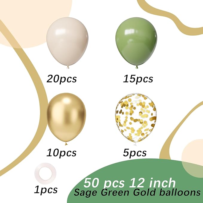 Sage Green Gold Latex Balloons, 50pcs 12 Inches Sage green Sand White Metallic Gold Confetti Balloons with 1 Ribbon for Baby Shower, Wedding, Birthday Party Decorations
