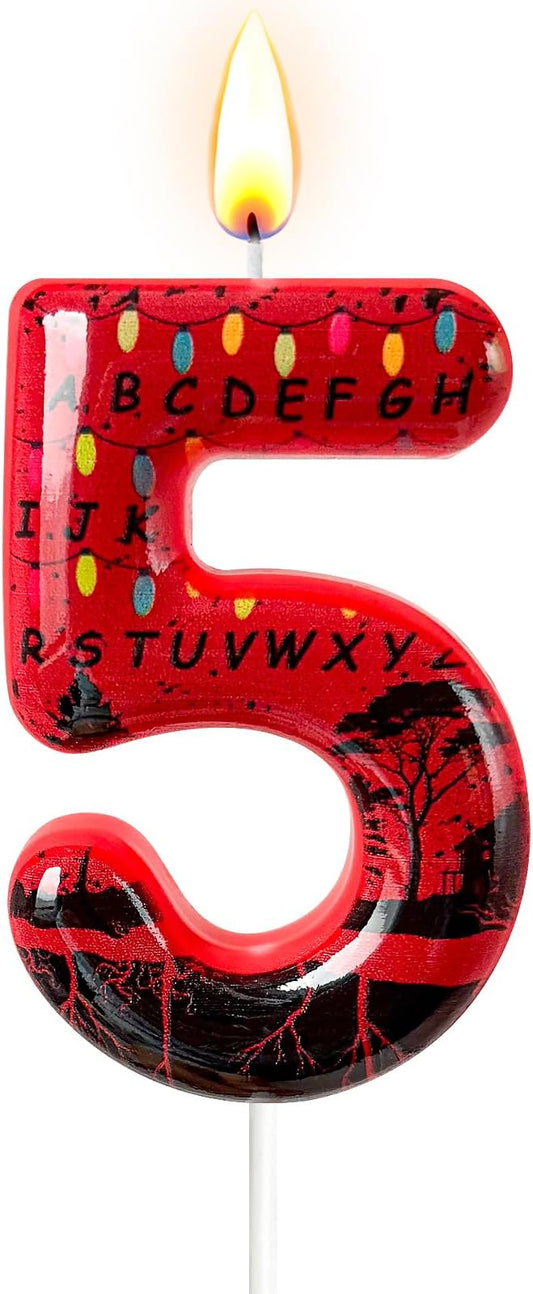 Red Number 5 Birthday Candle for Cake – Dark Horror Style with Alphabet Print & Shadow Design – Unique Cake Topper for Birthday, Anniversary, Themed Party Decoration