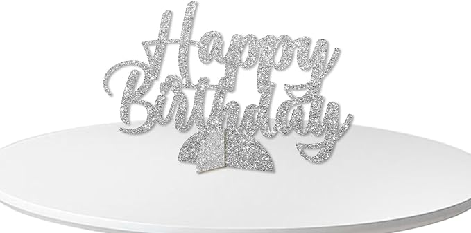 Happy Birthday Table Centerpiece, Silver Glitter Birthday Party Paper Free Standing for Women Men, HBD Script Table Centerpiece for Bday Party Supplies