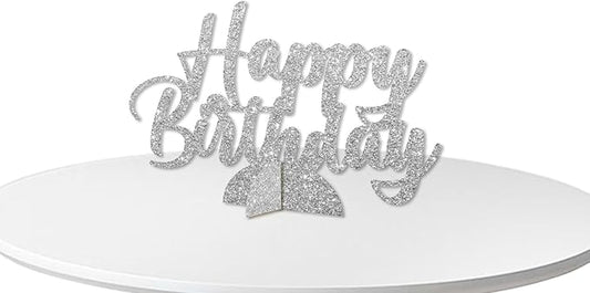 Happy Birthday Table Centerpiece, Silver Glitter Birthday Party Paper Free Standing for Women Men, HBD Script Table Centerpiece for Bday Party Supplies