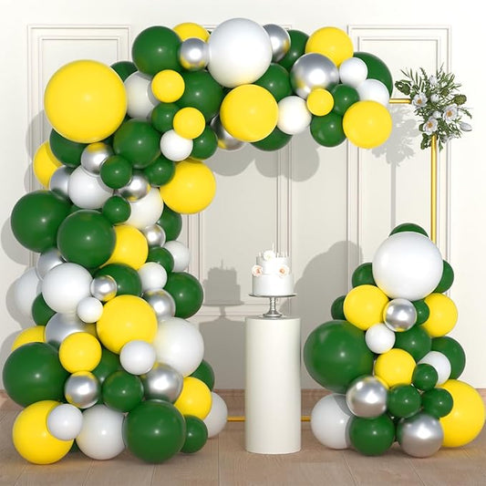 Dark Green Yellow White Silver Balloon Garland Arch Kit - Retro Green and Yellow Balloons Yellow White Balloon for Birthday Wedding Anniversary Graduation Prom Golf Tractor theme Party Decorations
