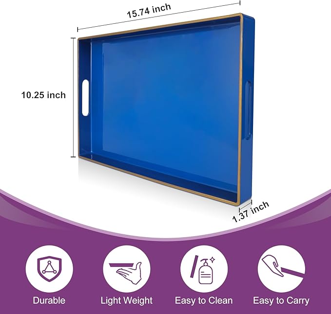 Gifturbo Blue Serving Tray,Decorative Serving Trays with Handles, Coffee Table Tray Ottoman Rectangular Plastic Tray for Living Room, Bathroom, 15.7” x 10.2” x1.37”