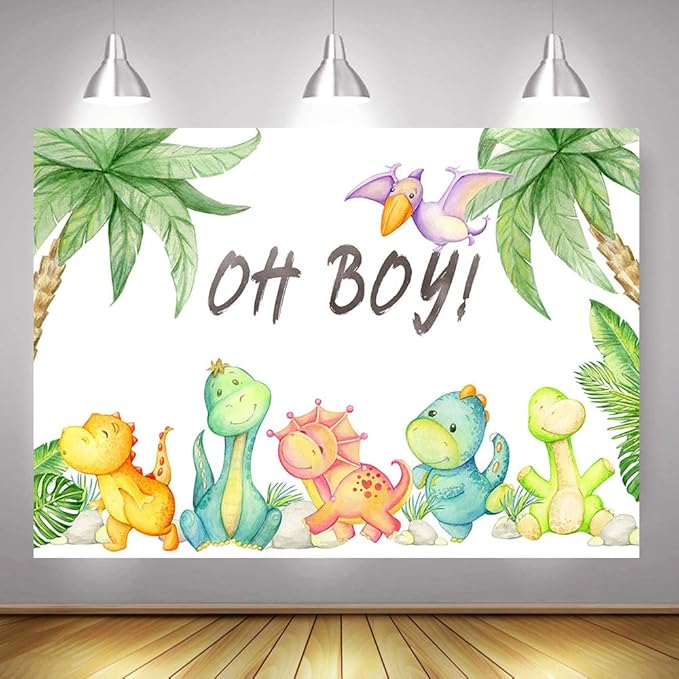 Mocsicka Dinosaur Baby Shower Backdrop Oh Boy Roar Dino Party Decoration Jungle Birthday Party Newborn Photography Background Cake Table Banner Decoration Photo Booth Studio Props(8x6ft(96x72 inch))