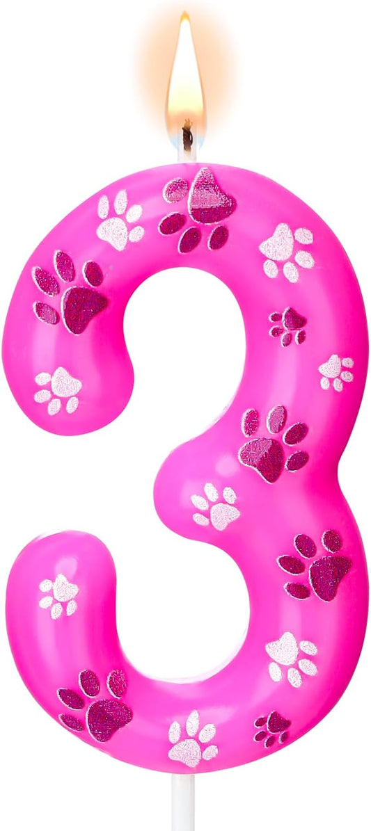 Conelist Number 3 Dog Paw Birthday Candles Dog Patrol Toppers Candles Rose Red, Pink, Purple Numeral Birthday Cake Topper for 3 Year Old Boy Girl Paw Birth Day Decoration Pet Party Supplies