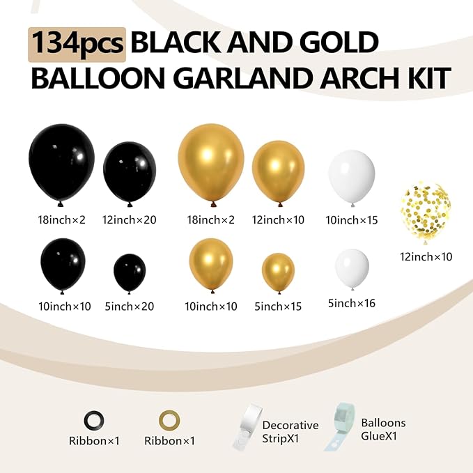 ELTNEGSA 134Pcs Black And Gold Balloon Garland Arch Kit for Birthday Party Decorations