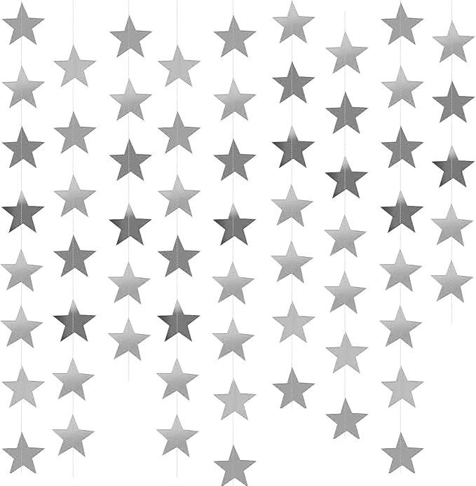 Yzurbu Silver Star Garland, 78 Feet Double Side Hanging Sparkly Paper Star Banner Decorations for Birthday Wedding Engagement Baby Shower Christmas Thanksgiving Halloween
