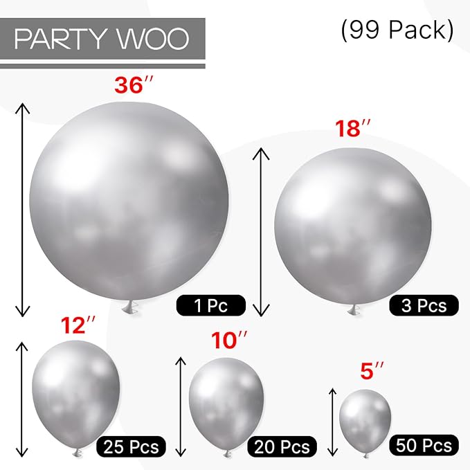 PartyWoo Silver Balloons 99 pcs Different Sizes of 36 18 12 10 5 Inch Silver Balloon Arch Kit Garland for Birthday Graduation Bachelorette Engagement Bridal Shower Party Decorations Silver-G102