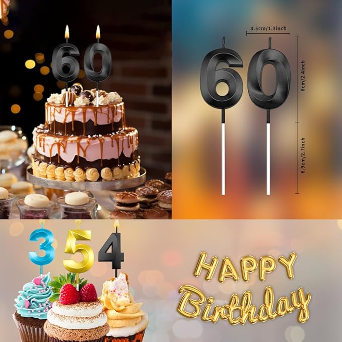 60th Birthday Candles Black 60th Birthday Cake Topper Happy Birthday Decorations Number 60 Candles for Cake Birthday Decorations for Him Her