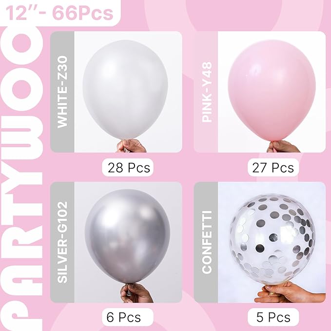 PartyWoo Pink White and Silver Balloons 66pcs 12 Inch Baby Pink Pearl White Silver Confetti Balloons for Graduation Baby Shower Birthday Gender Reveal Anniversary Bachelorette Party Decorations