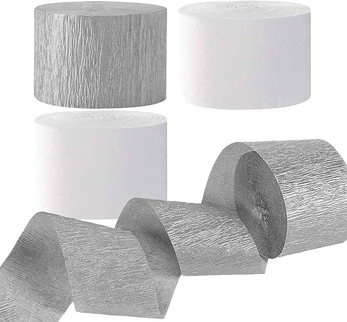AIM & GGKK Wedding Crepe Paper Streamers(White and Silver) 1.8 Inch Widening 6 Rolls Party Streamer Festival Party Decorations,a roll of 25m/82ft Per Volume for Christmas Party Decoration