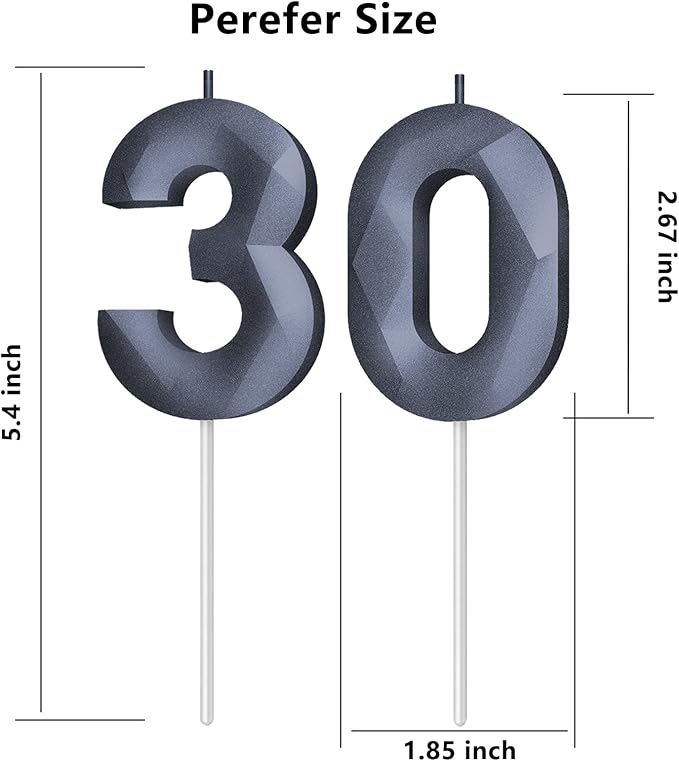 Number Birthday Candles(30 Candle Black) 3D Diamond Shape 30th Happy Birthday Cake Topper Decorations for her him Birthday Wedding Anniversary Celebration Theme Party Supplies