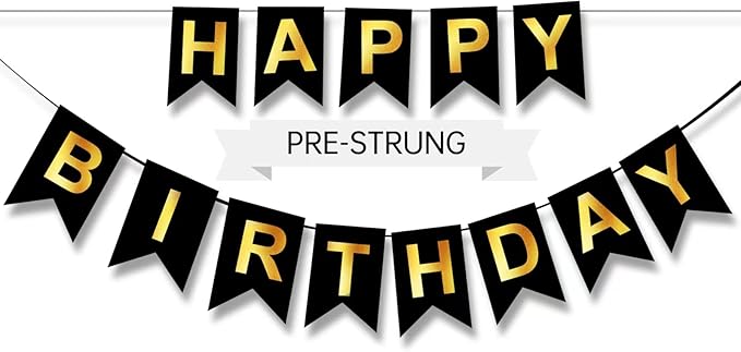 Happy Birthday Banner,Pre-Strung Black and Gold Party Decorations，16ft Pre-Strung Hanging Sign for Kids, Girls, Boys, Women – No DIY, Backdrop Supplies