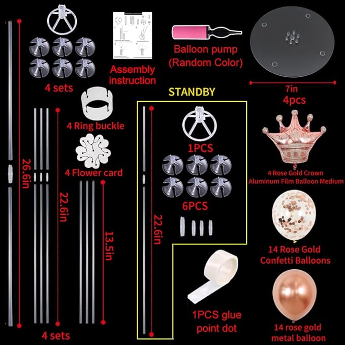 TONIFUL Table Centerpiece Balloons Stand Kit Include Rose Gold Latex Confetti Balloons and Foil Crown Balloon for Birthday Baby Shower Wedding,2025 Graduation Anniversary Table Party Decorations