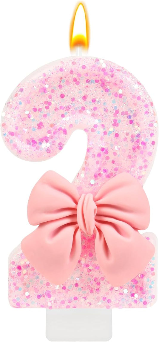Pink Bow Number 2 Birthday Candle, Glittering Candles Birthday Cake Topper, Princess Themed Party Decor for Girls and Women Anniversary Party Supplies