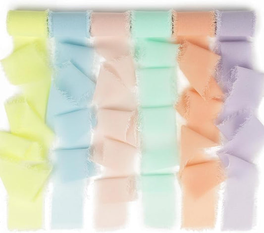 Pastel Macaron Chiffon Ribbon - 1.5 Inch x 3 Yds Colorful Frayed Silk Ribbon for Wedding Invitation, Flower Bouquets, Gift Wrapping, Bridal & Baby Showers