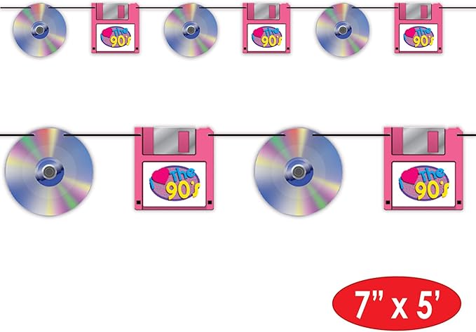 Beistle CD & Floppy Disk Streamers – 2 Pack Hanging 90s Theme Garland Decorations with Black Ribbon, Retro Party Backdrop for Birthdays, Throwback Nights and Photo Booth Displays, 7" x 5'