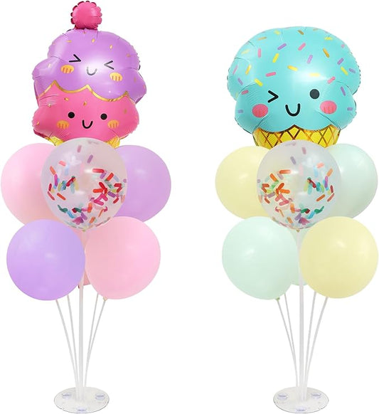 Ice Cream Party Balloons Stand for Table 2 Sets with 2 Ice Cream Foil Balloons 14 Pastel Latex Balloons for Sweet One Birthday Girl Baby Shower Party Decorations