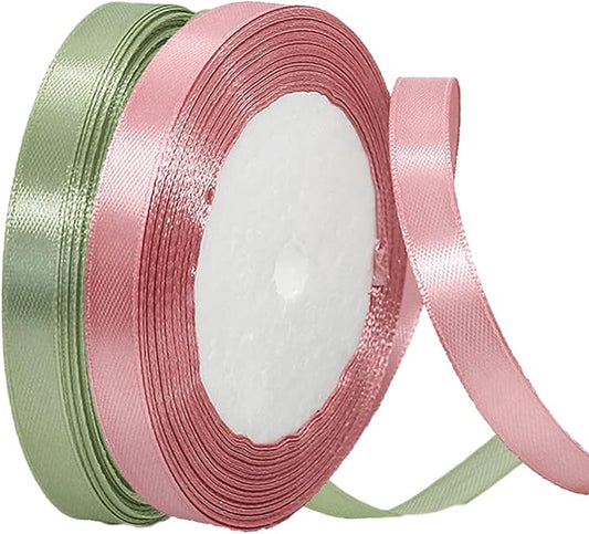 2 Rolls Sage Green Ribbon, 3/8 Inch 50 Yards Sage Rose Gold Satin Fabric Ribbon for Wedding Party, Gift Wrapping, Baby Shower, Flower Bouquets, DIY Crafts, Birthday Cakes and Christmas Decorations