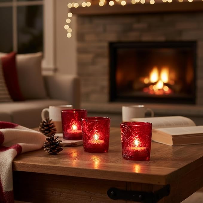 12 Pack Hummingbird Embossed Glass Candle Holders – Votive Tealight Holders with Patent Design, Decorative Embossed Glass Cups for Wedding Centerpieces, Parties, and Home Décor (Crimson Glow)