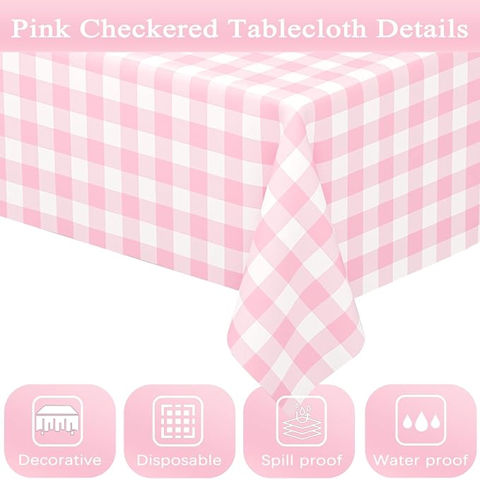 4 Pack Pink Gingham Tablecloth Rectangular Pink and White Checkered Tablecloths Disposable Plastic Pink Plaid Table Cover for Parties, Outdoor Picnic, Birthday, Wedding, Camping 54 × 108 Inch