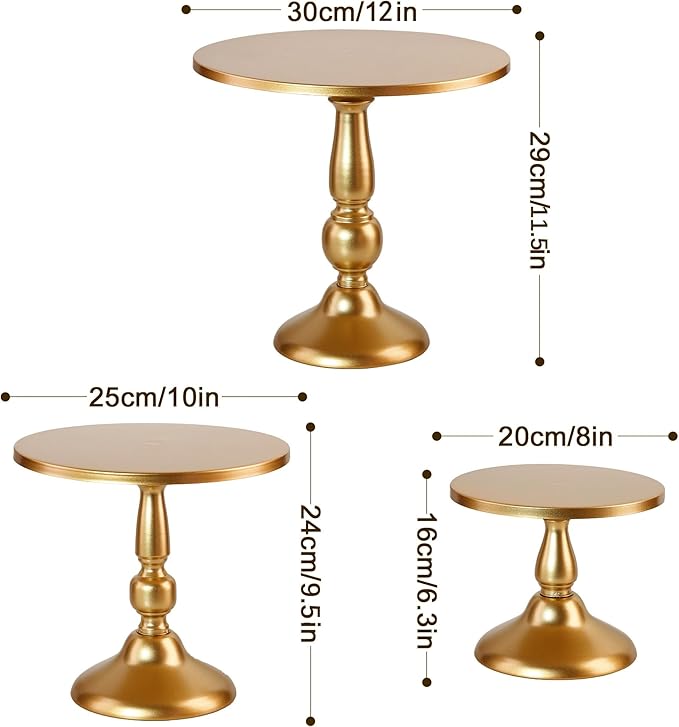 Set of 3 Gold Cake Stands, Metal Round Cake Holder Dessert Pie Pizza Display Stand 8" 10" 12" Serving Tray Decoration for Wedding Celebration Party Birthday Baby Shower