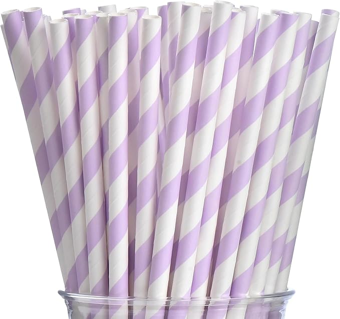 Light Purple Striped Paper Straws - Disposable Drinking Straws Purple and White Paper Straws for Craft Birthday Party Decorations (7.75inch, 100 Pack)